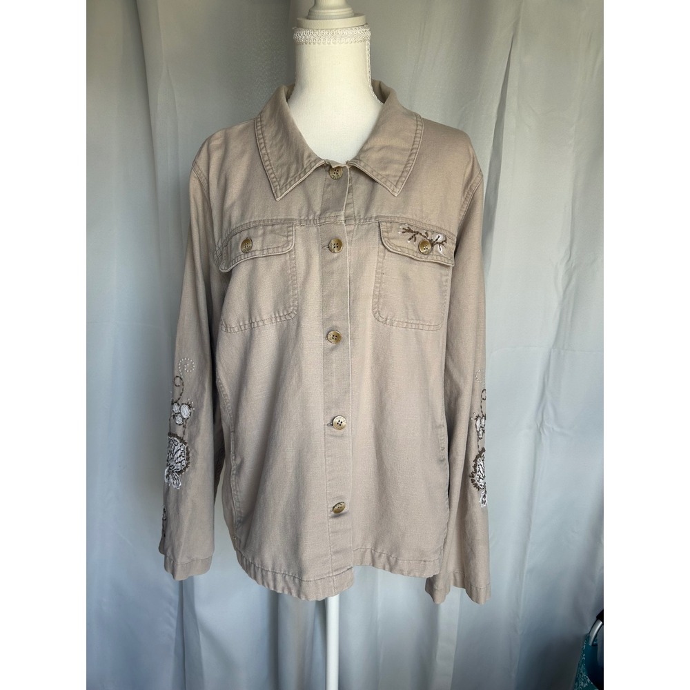 Christopher Banks Tan Embroidered Floral Utility Jacket Womens XL Canvas. 117